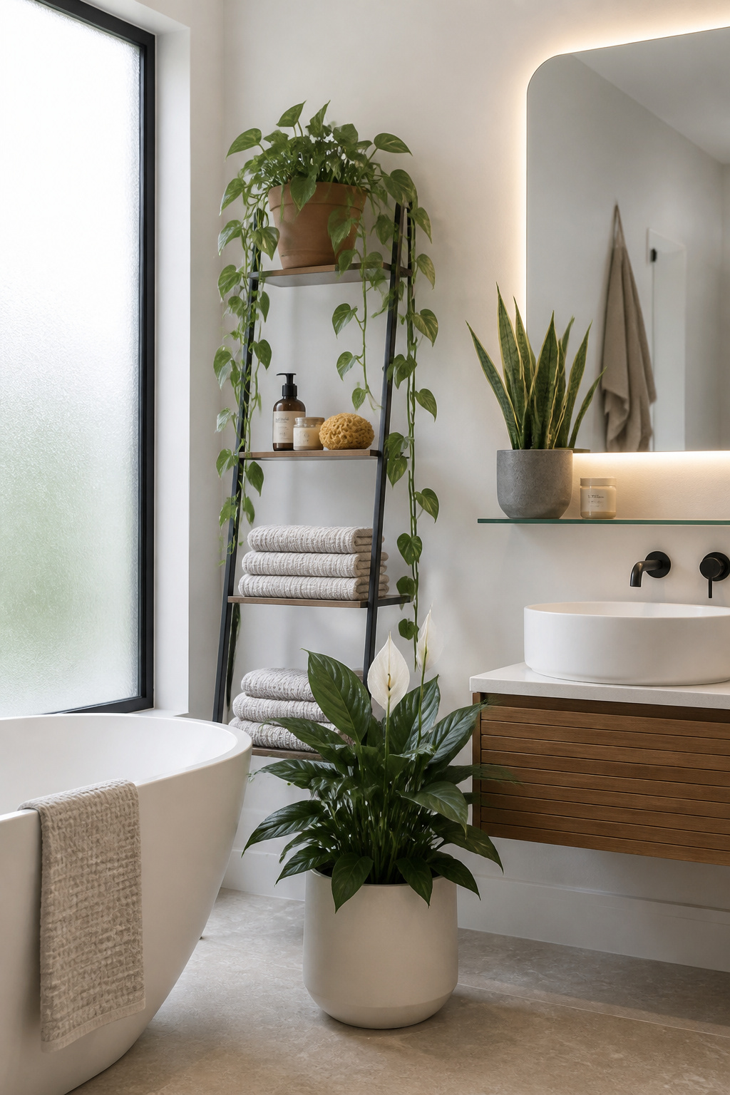 Three carefully chosen species — pothos, peace lily, and snake plant — layer different heights of green through a modern bathroom without a single one that won't survive the conditions. The species question matters because most plants struggle with the combination of humidity, fluctuating temperature, and variable light that bathrooms provide. Three that thrive: pothos, which trails elegantly from any height and needs watering only when the top inch of soil dries out (less often in humid bathrooms than in dry rooms); peace lily, which tolerates low light better than almost any other flowering plant and absorbs formaldehyde and mold spores from the air — a NASA-verified property that makes it particularly suited to a bathroom environment; and the snake plant, which handles neglect with equanimity and carries an architectural quality that sits well in a contemporary interior.