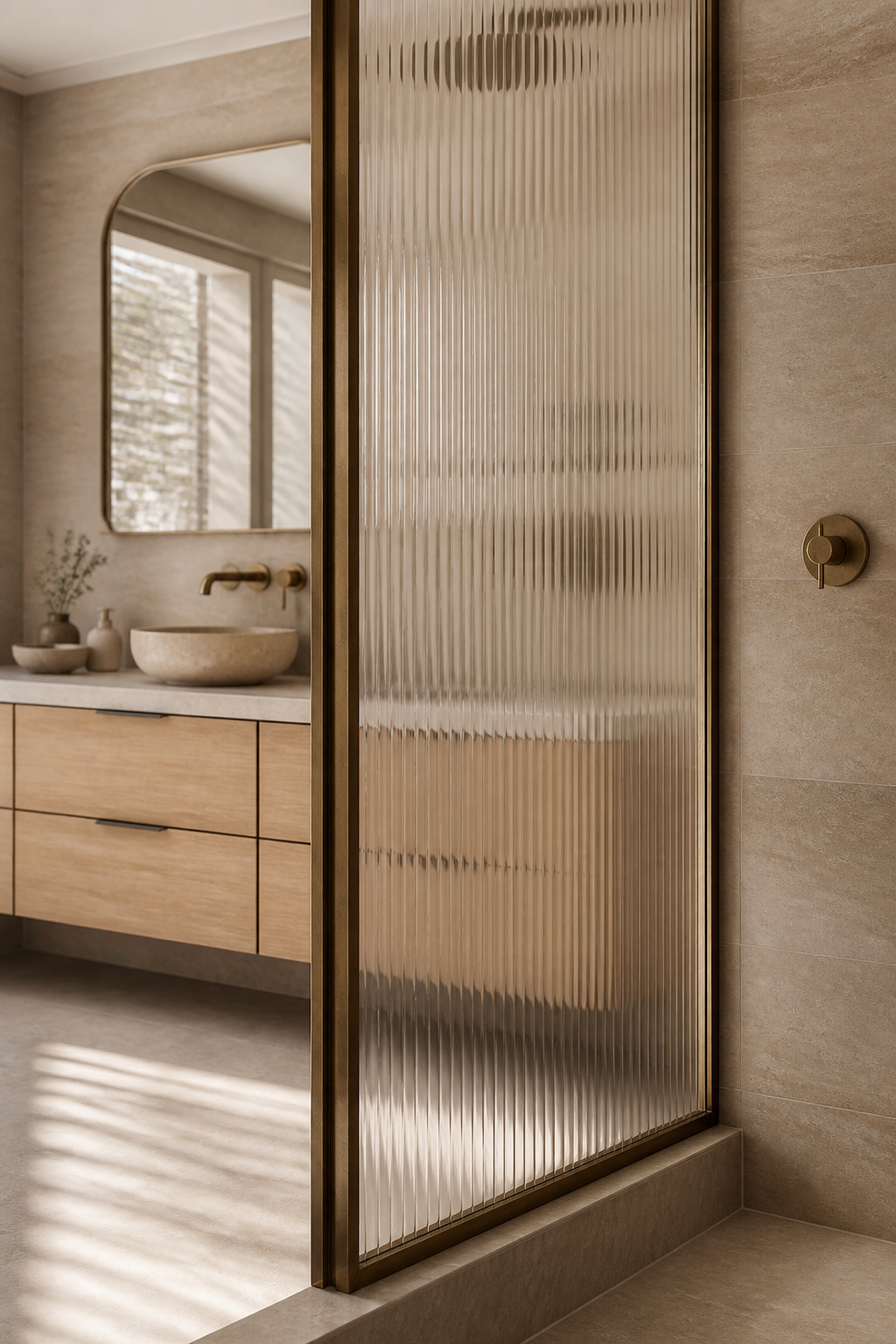 Fluted glass in an aged brass frame diffuses light beautifully while providing privacy — one of the more considered additions to a modern bathroom palette. The textured surface also hides water spots, soap marks, and fingerprints far more effectively than clear glass. In a bathroom used daily, that practical advantage accumulates quickly. And the vertical rhythm of the fluting elongates the perceived height of the space — a subtle effect that works particularly well in bathrooms with standard-height ceilings.
