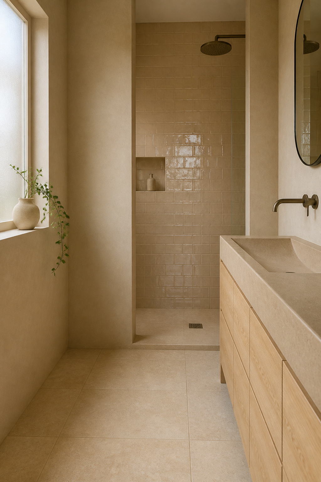 Monochrome in warm beige tones with varied surface finishes — matte, honed, gloss — creates a bathroom that reads as sophisticated through restraint rather than decoration. The technique is this: choose a single colour family and vary it across every surface through different finishes. Matte paint on walls, honed tile on the floor, gloss tile on the shower wall, brushed stone on the countertop, timber with a satin lacquer on the vanity — each surface catches light differently, creating depth within the same palette. The result is richness without complexity, which is the Nordic design ideal applied directly to a bathroom.