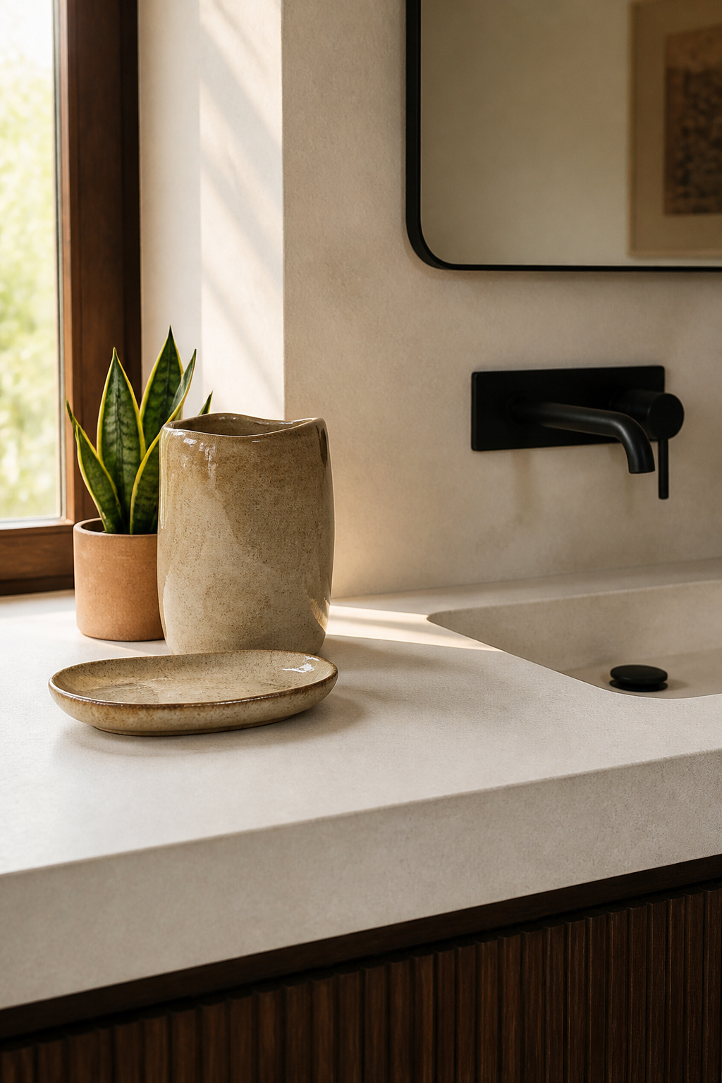 Three handmade ceramics grouped with restraint on an open stone countertop bring the wabi-sabi warmth that purely minimalist bathrooms often lack. The Japanese aesthetic philosophy behind wabi-sabi finds beauty in imperfection and impermanence — asymmetric forms, surfaces that change with use, objects that look slightly unfinished in the most deliberate way. In a bathroom context, this translates to a soap dish with an uneven rim, a small vessel for cotton buds in a glaze that shifts from sand to ash, a candle holder where the pottery shows its process. The pairing with Nordic minimalism is natural. Both philosophies prioritise natural materials, restraint, and quality over quantity.