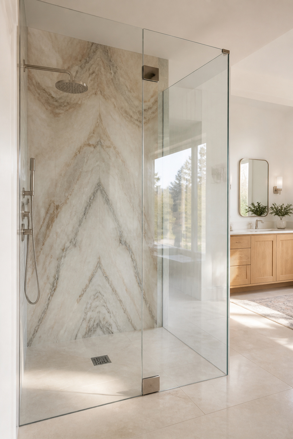 A frameless glass shower enclosure in 10mm toughened glass maintains completely open sightlines, making a mid-size bathroom feel generous and considered. In practice, this matters most in smaller bathrooms. When the floor tile continues visibly beneath the shower, the room feels significantly larger than its actual dimensions. And if you've invested in a beautiful stone wall inside the shower, frameless glass is the only enclosure that gives it full visual prominence.