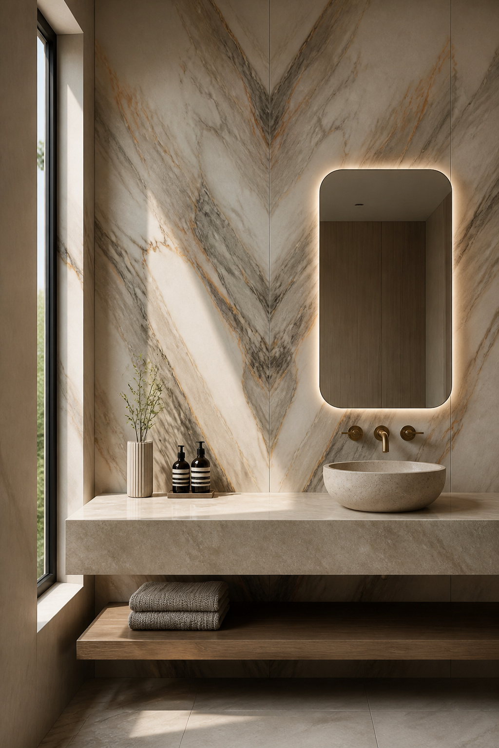 Bookmatched large-format porcelain in a bold veining pattern creates a bathroom feature wall that anchors the entire room — every other decision positions itself in relation to it. The material choice carries significant practical implications. Natural stone — limestone, travertine, marble — is visually richer than any porcelain equivalent, but requires sealing before grouting, annual re-sealing in wet zones, and a proper waterproofing membrane before installation in a shower wall. The maintenance commitment is genuine and ongoing. Porcelain stone-look tiles, particularly large-format slabs at 1200x2400mm and above, have closed the aesthetic gap considerably in recent years. Their water absorption rate is below 0.5%, they require no sealing, and in a direct shower environment they're simply more reliable than natural stone without a specialist installation.