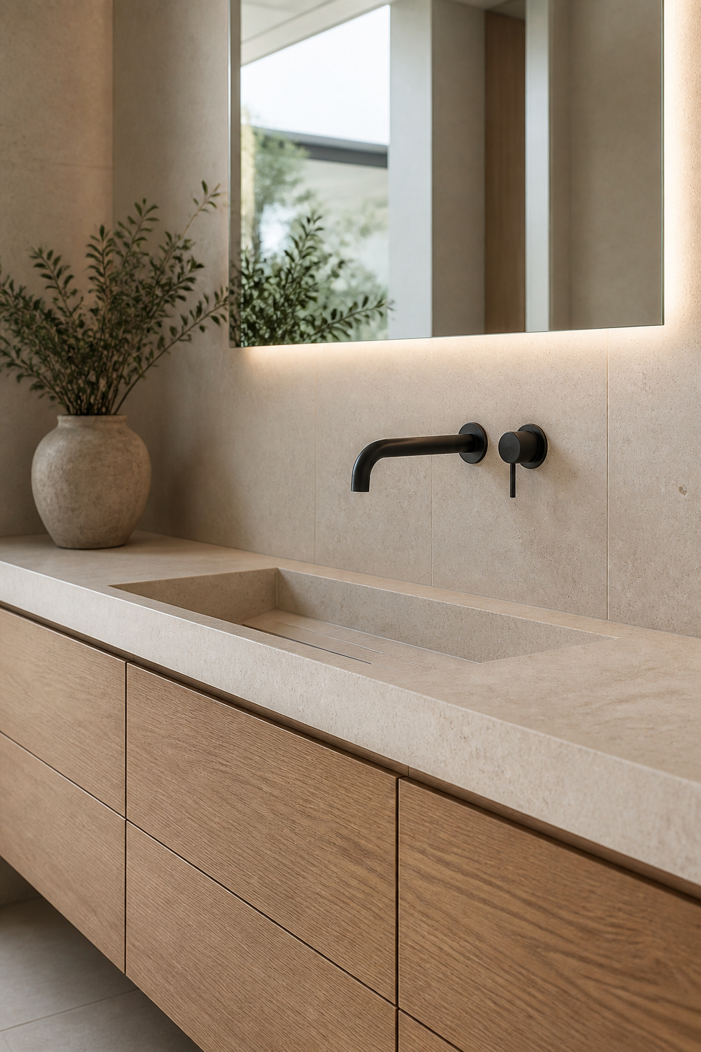 Wall-mounted taps remove all hardware from the countertop surface, allowing the material — stone, concrete, or timber — to read without interruption. The look is particularly effective with integrated countertop basins, where the stone or concrete runs continuously from edge to edge without interruption. The absence of a tap hole means the material is uncompromised. With vessel sinks, wall-mounted taps are one of the cleaner solutions — they extend over the basin without the visual conflict of a high-arc deck faucet competing with the vessel's form.