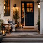 A Nordic-inspired front porch with teak furniture, navy door, layered rugs, and warm lantern light — front porch decor ideas that bring every element together into a cohesive whole.