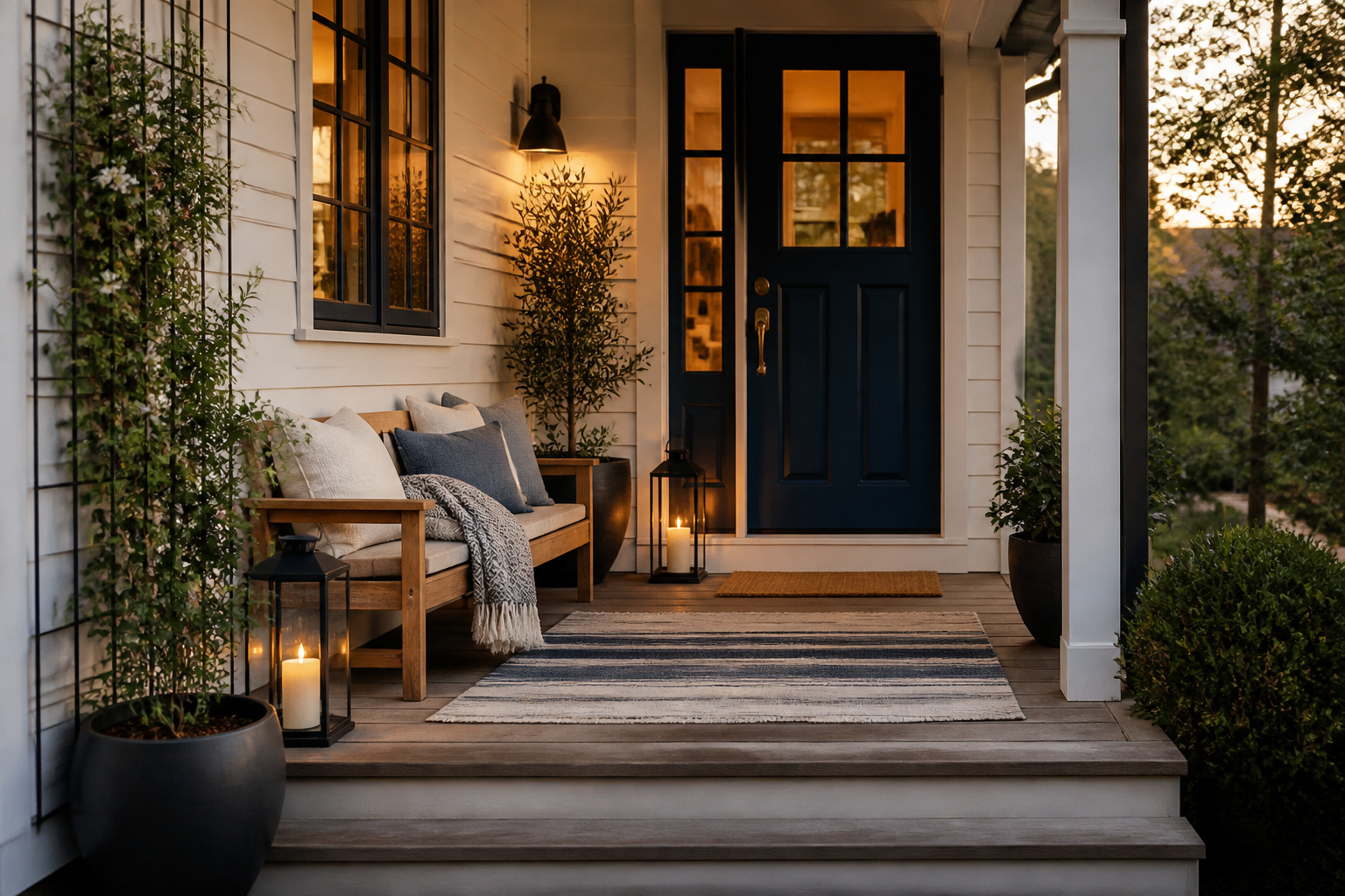 A Nordic-inspired front porch with teak furniture, navy door, layered rugs, and warm lantern light — front porch decor ideas that bring every element together into a cohesive whole.