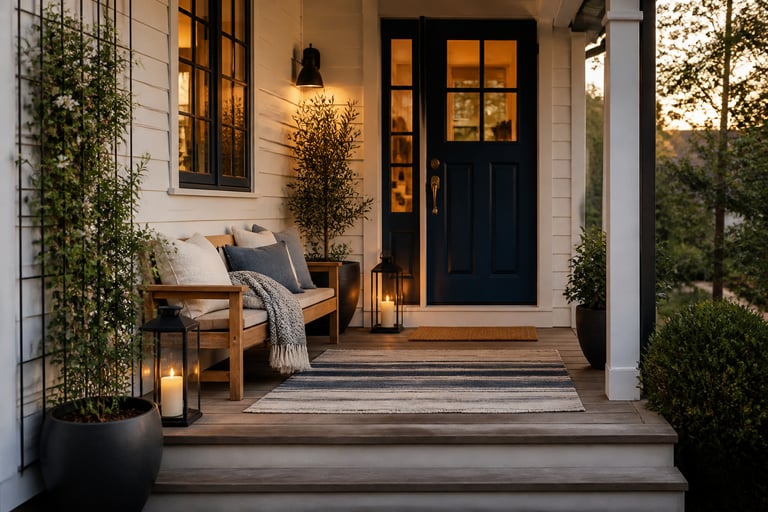 A Nordic-inspired front porch with teak furniture, navy door, layered rugs, and warm lantern light — front porch decor ideas that bring every element together into a cohesive whole.