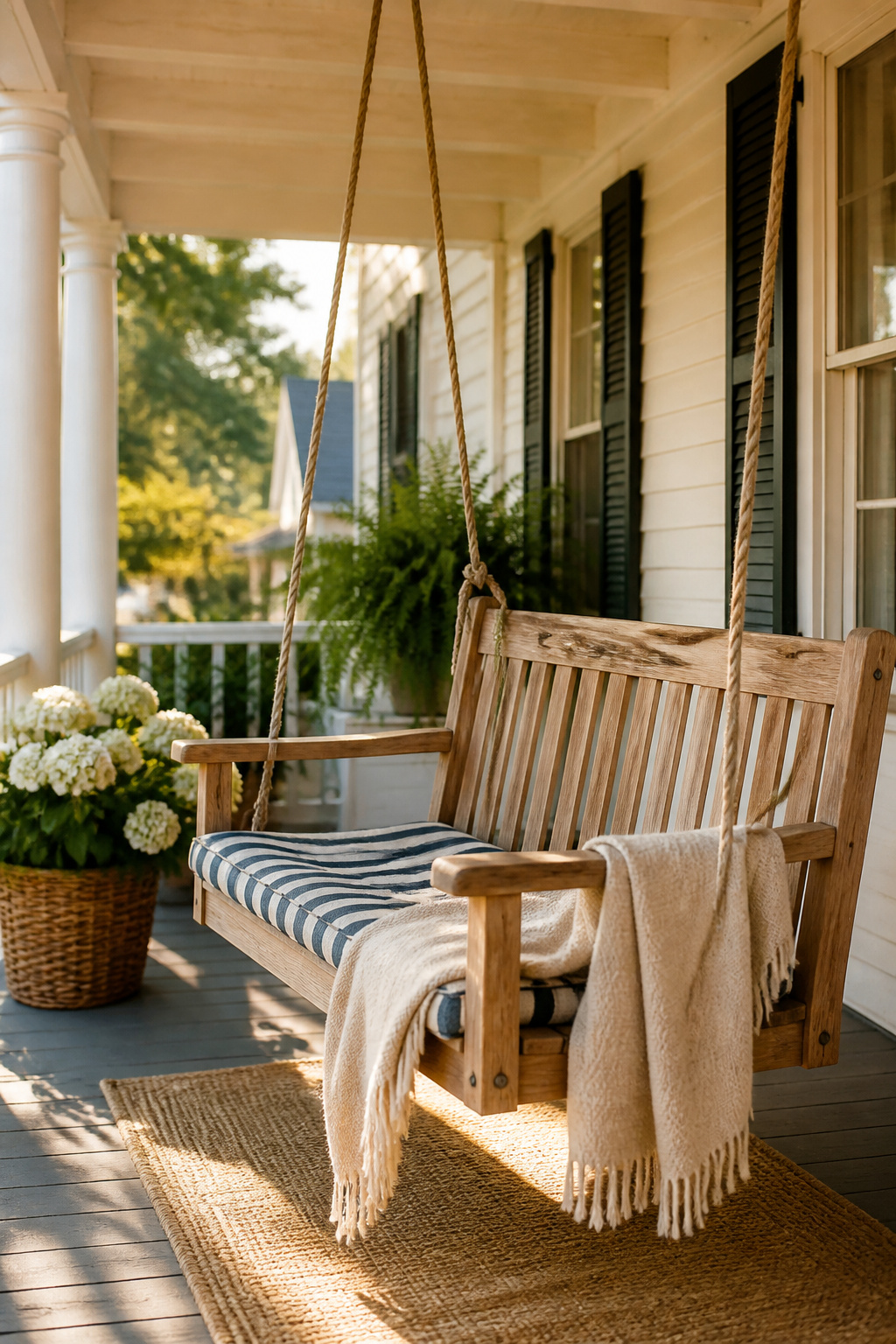 A porch swing hung with rope, layered with a stripe cushion and linen throw, is the simplest and most effective signal that your porch is genuinely meant to be used.