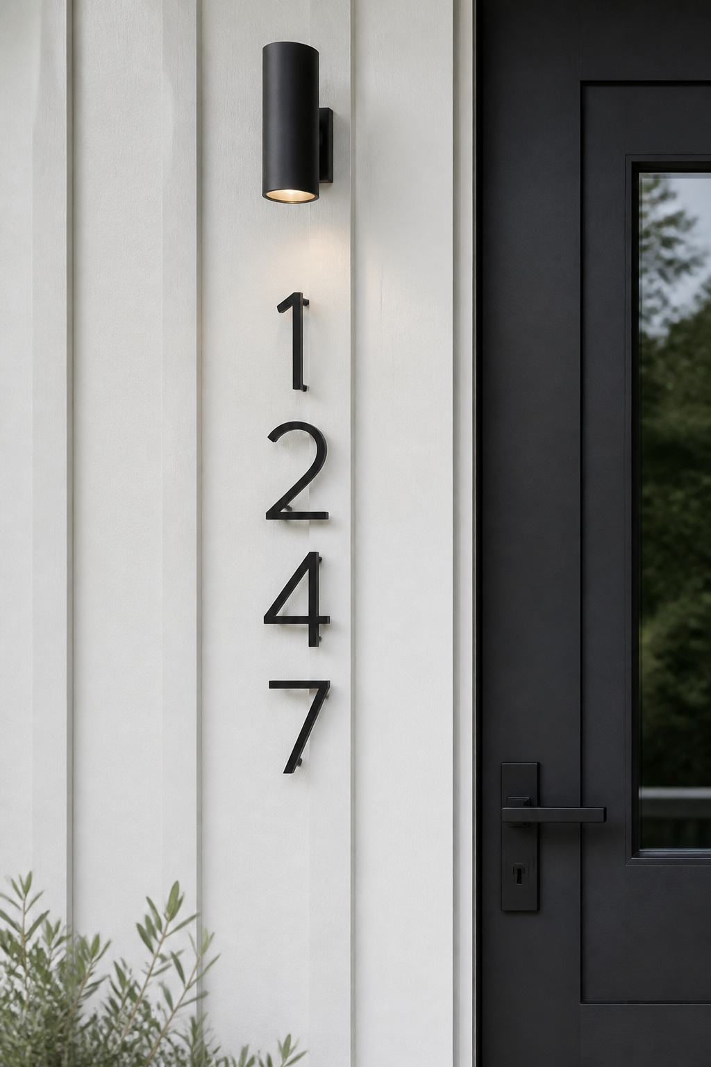 Oversized sans-serif house numbers in matte black with shadow-gap spacers — a small change that reads as architecturally confident from the street.