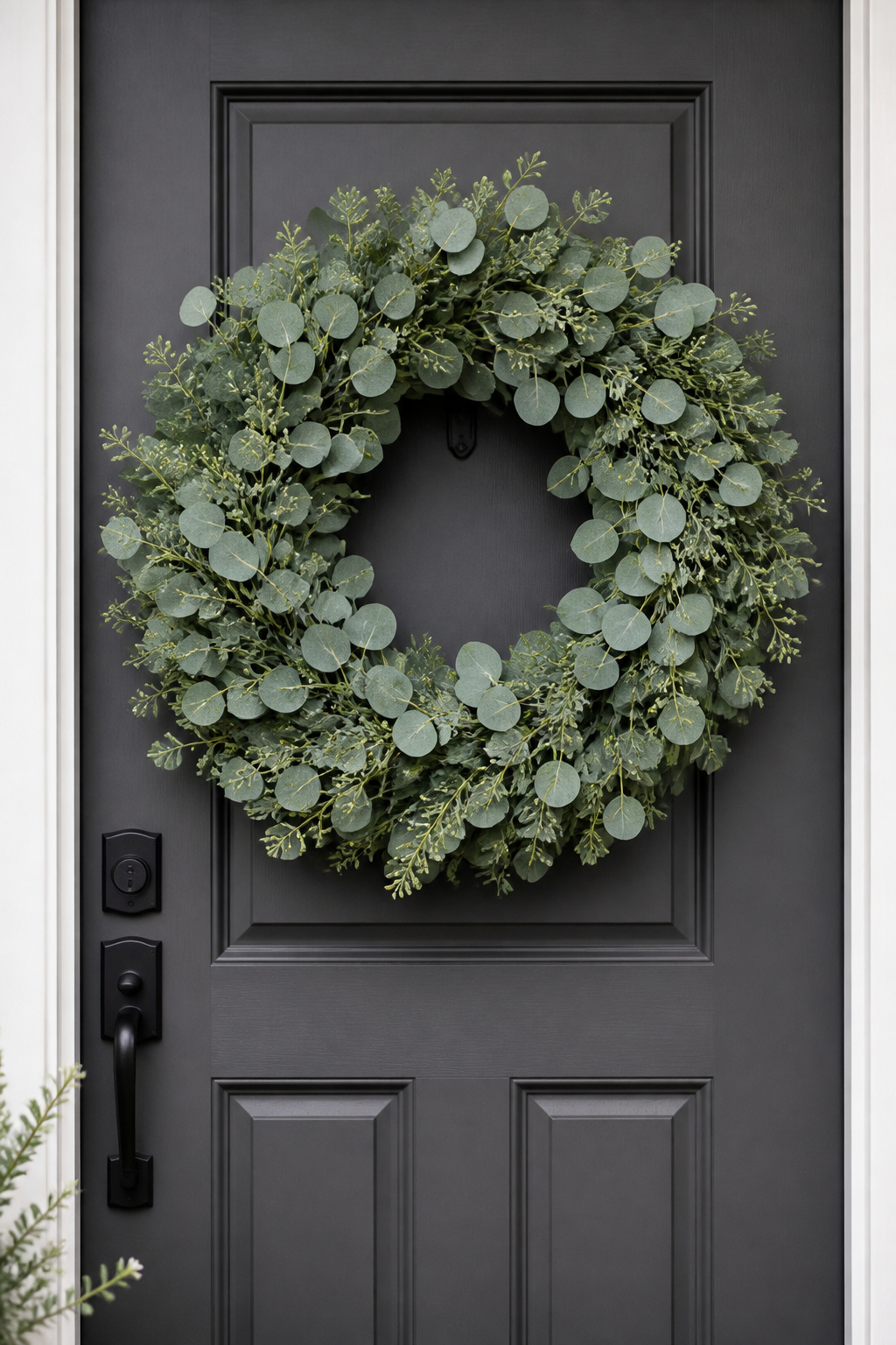 A 26-inch preserved eucalyptus wreath on a charcoal door — the neutral, all-season approach that looks intentional twelve months of the year.