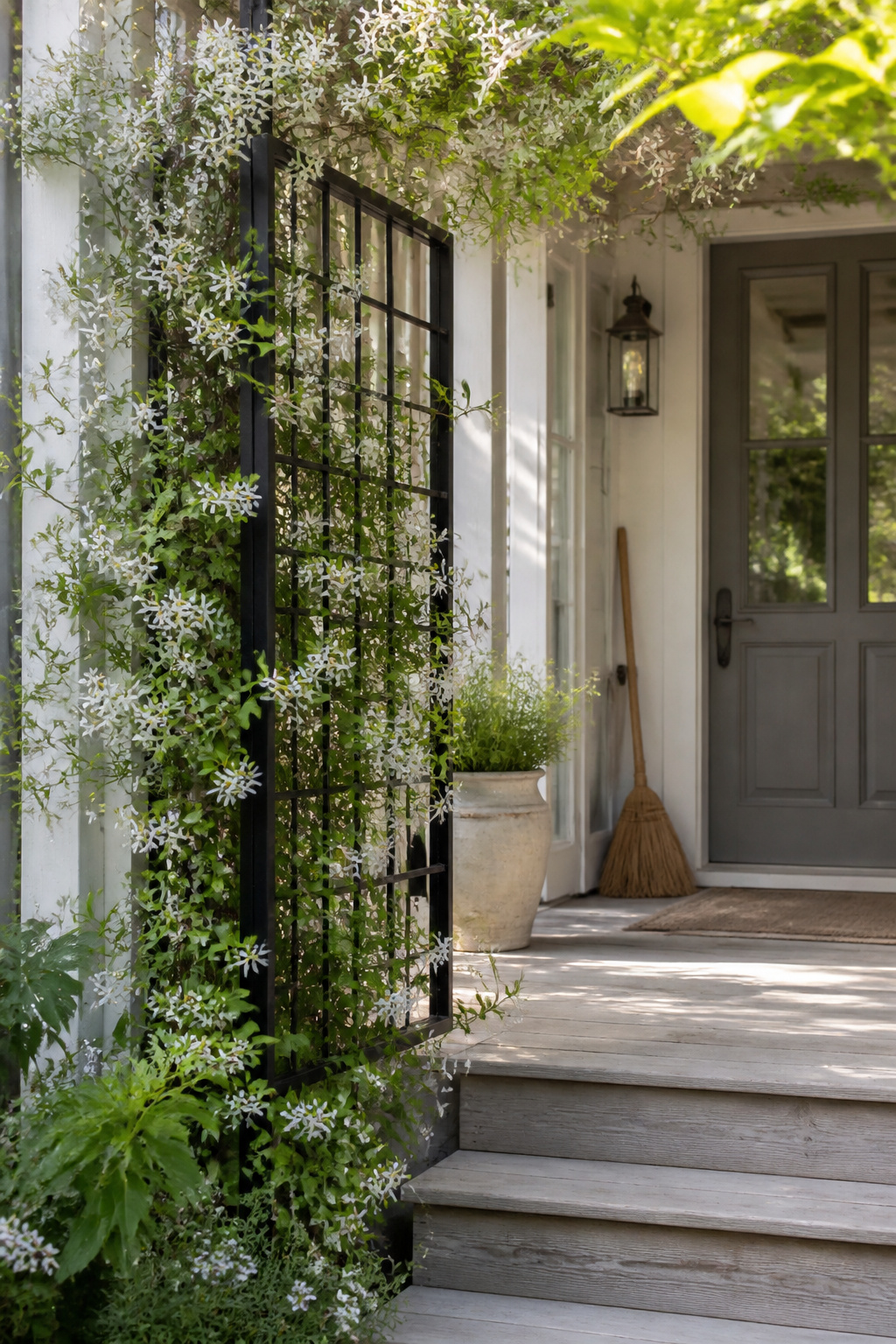 A freestanding steel trellis with star jasmine in full bloom brings fragrance, vertical interest, and natural enclosure to a front porch entry without attaching anything to the home's walls.