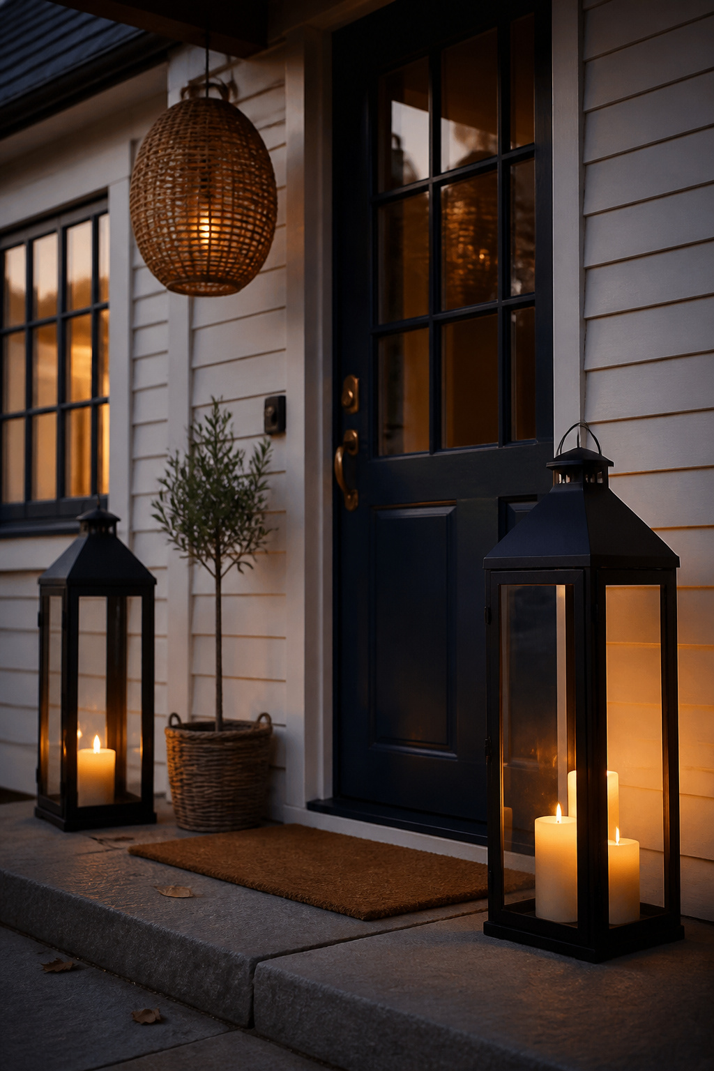 Matte black floor lanterns with LED flame candles flanking the door create warmth and architectural rhythm without any fire-safety concerns.