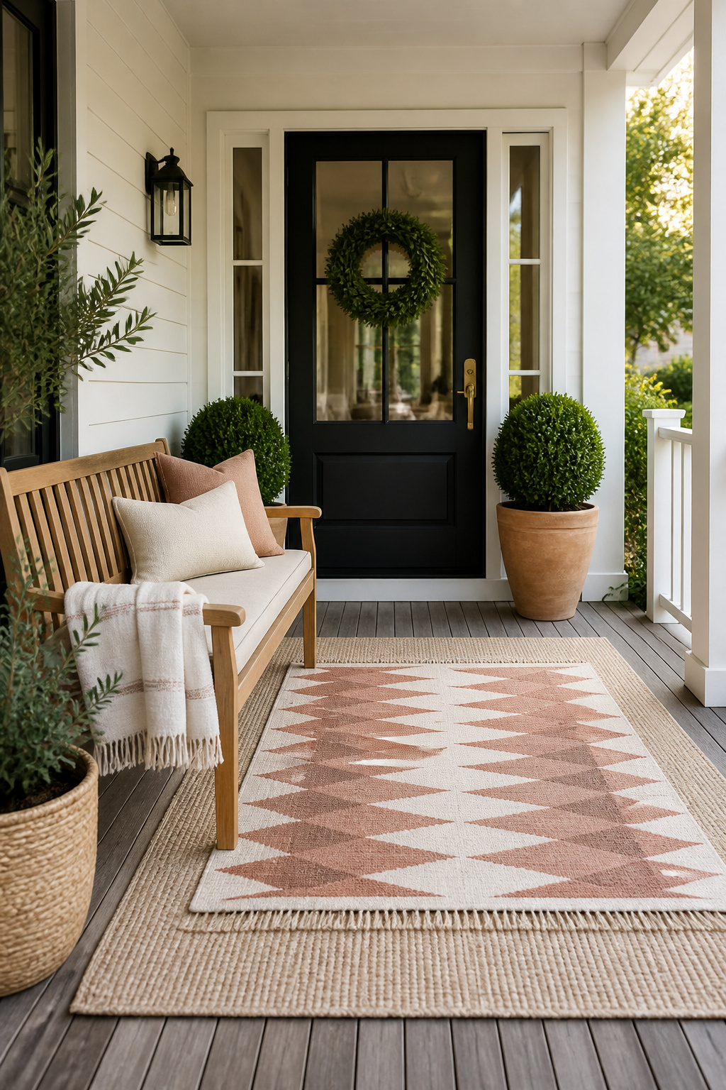 Layering a geometric patterned rug over a neutral base creates designer depth for a fraction of the cost of a single premium outdoor rug.