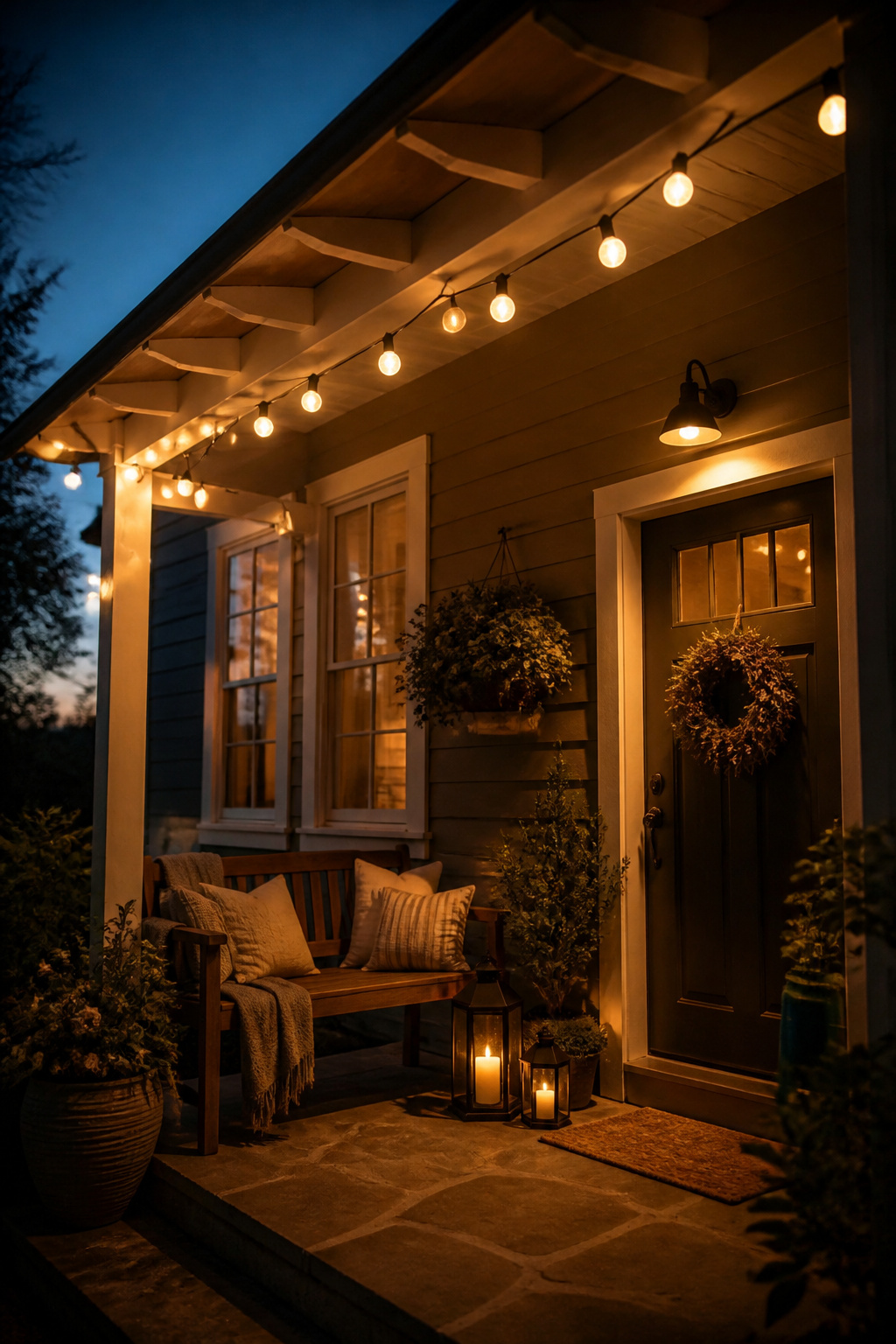 Warm G40 string lights strung along the eave create the hygge evening atmosphere that turns a functional porch into an evening destination.