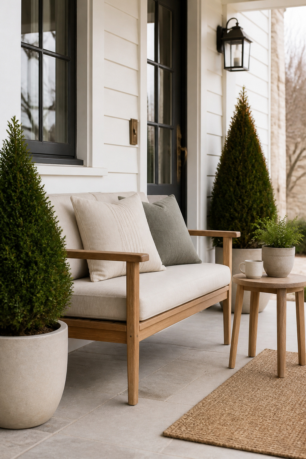 A teak bench with linen cushions flanked by clipped topiaries is the Nordic porch archetype — functional, durable, and beautiful in its simplicity.