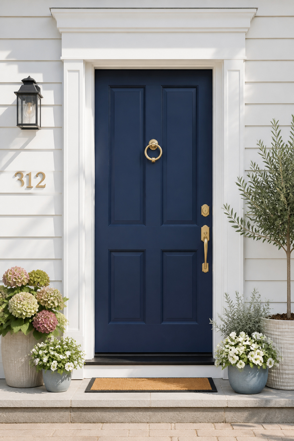 Navy blue paired with brushed brass hardware and white trim is one of the most consistently successful front door combinations across architectural styles.