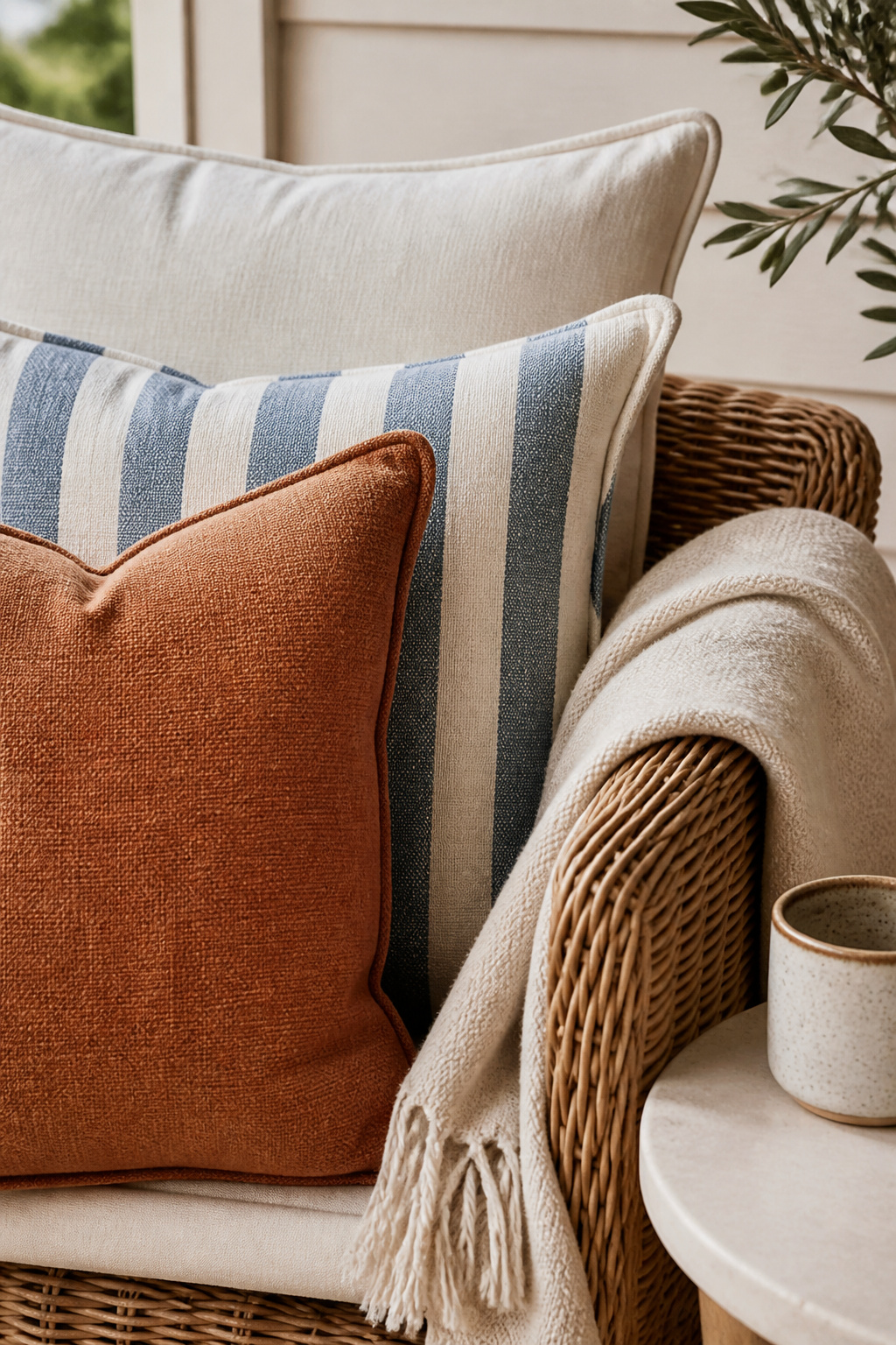 Three coordinated cushions in white, stripe, and solid plus a folded throw turn any porch chair into an invitation to stay.
