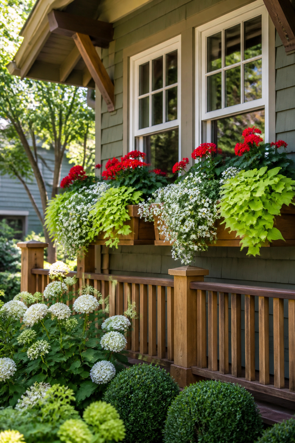 Window boxes spanning the full width of the window, planted with thriller-filler-spiller combinations, frame the facade and create the layered garden effect visible from the street.