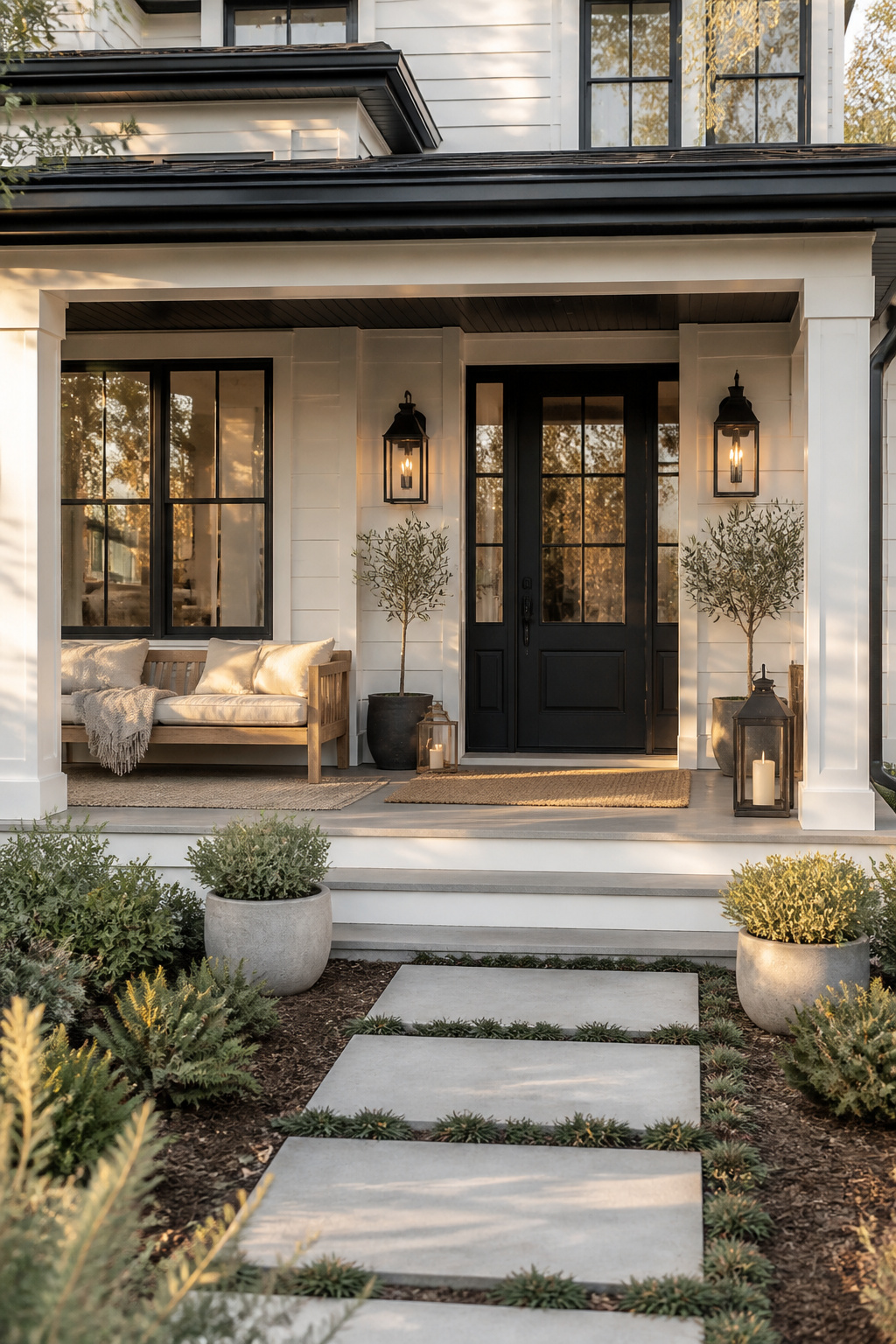 The Nordic neutral palette in action: white siding, black trim and door, natural teak, sage green plants, and matte black hardware — a front porch decor scheme that is both timeless and cohesive.