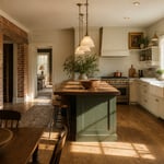 A comprehensively remodelled period kitchen combining original architectural character with contemporary function — exposed brick, inframe cabinetry, fireclay sink, and an oak floor that has been restored rather than replaced.