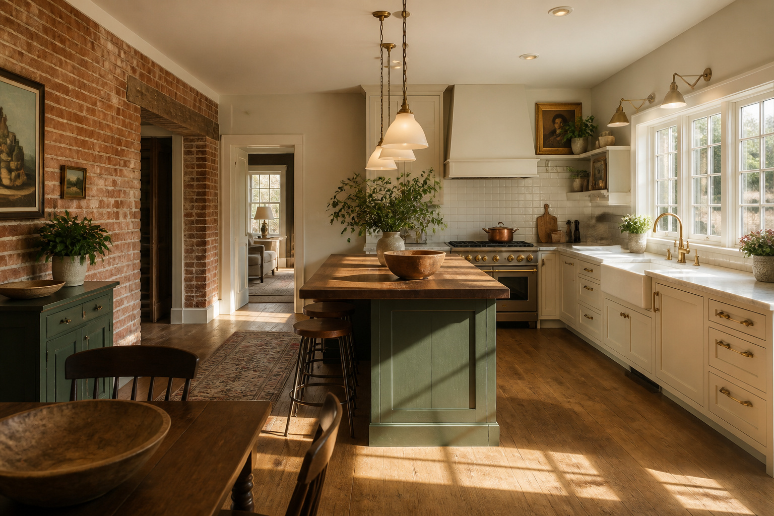 A comprehensively remodelled period kitchen combining original architectural character with contemporary function — exposed brick, inframe cabinetry, fireclay sink, and an oak floor that has been restored rather than replaced.