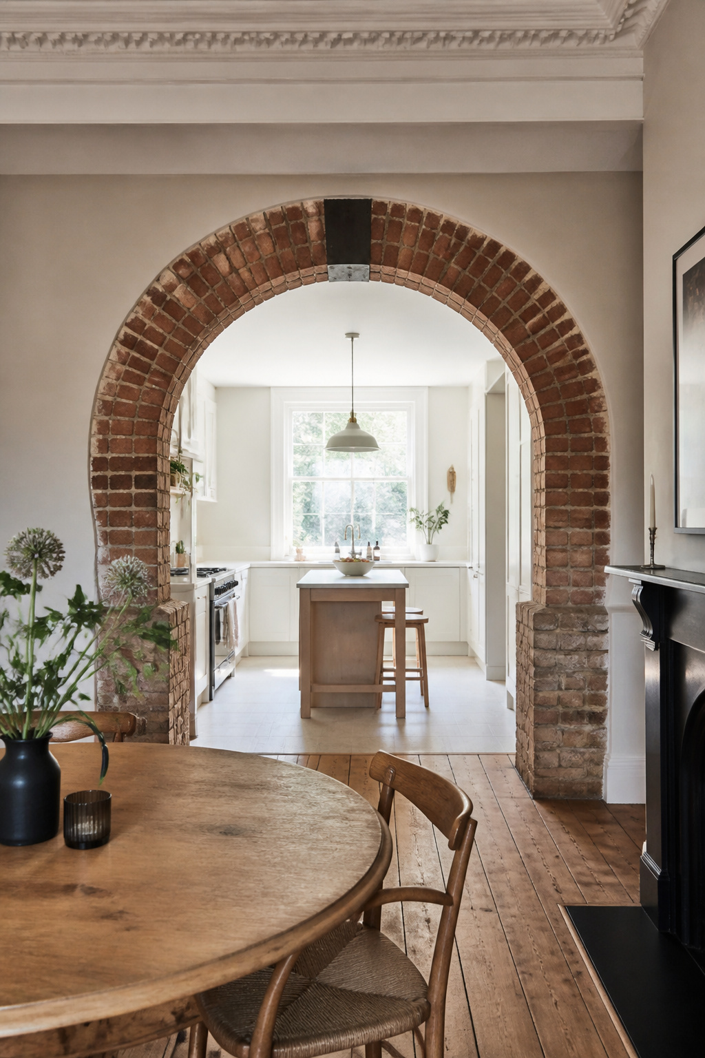A semi-circular brick arch replaces what was a partition wall, opening the kitchen to the dining room and flooding both spaces with borrowed daylight.