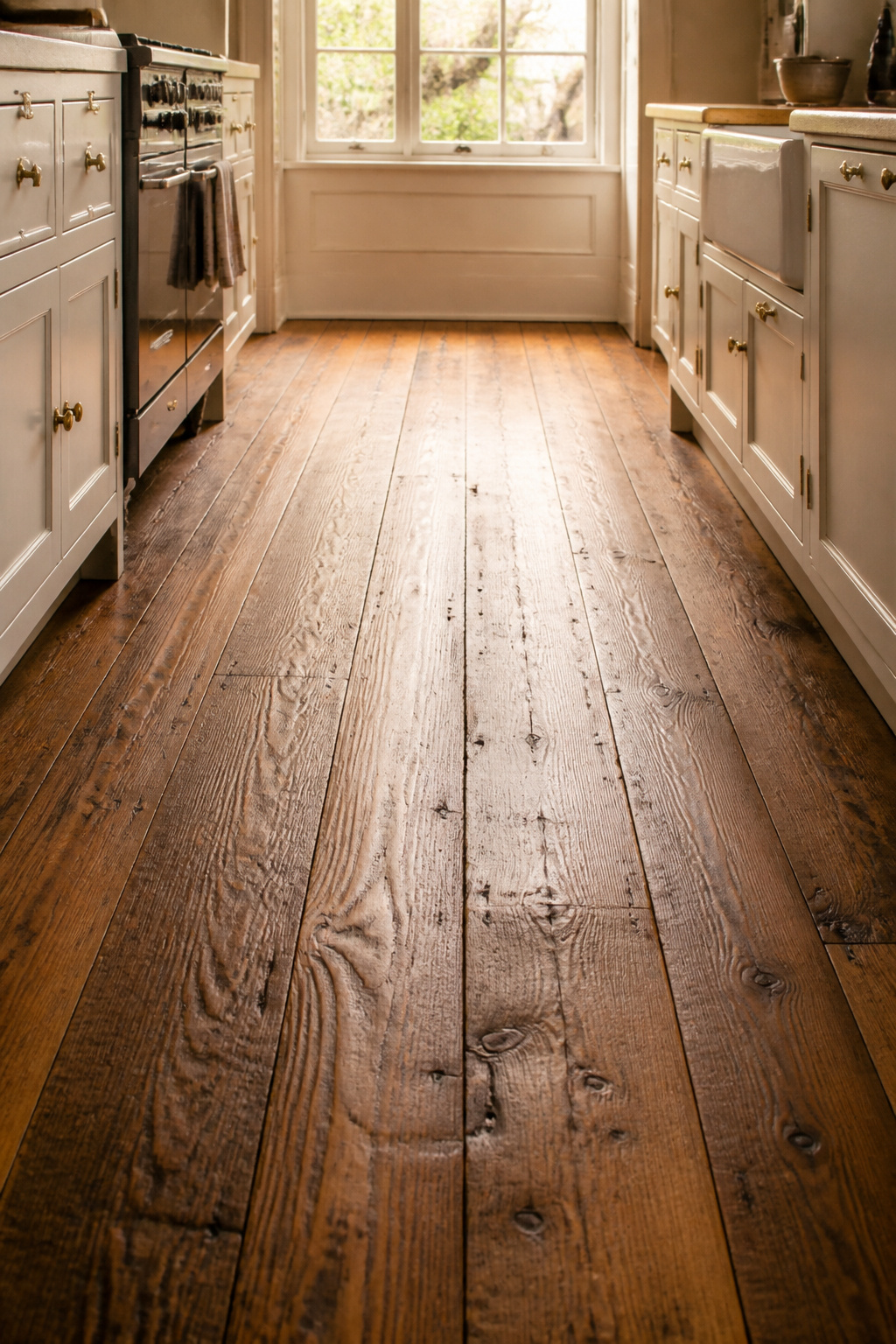 Original Victorian oak boards restored with penetrating oil rather than replaced, the grain, width, and patina of original timber cannot be replicated by new lumber.