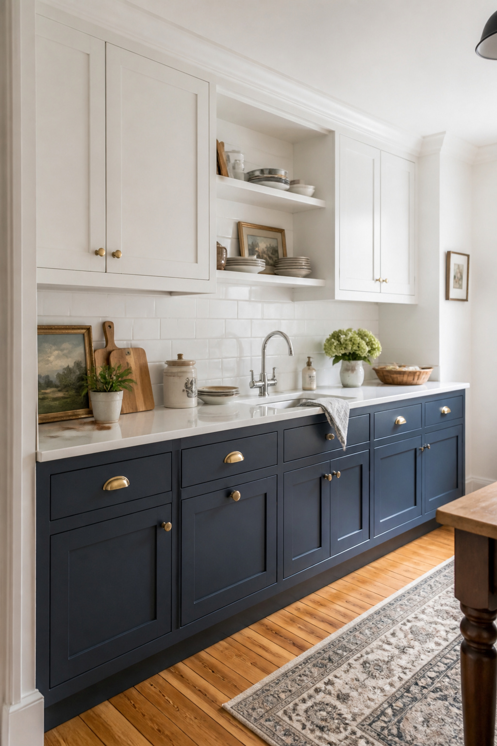 Repainting only the lower cabinets navy while keeping the upper cabinets white, one of the most cost-effective moves in a kitchen design remodel that delivers an immediately considered aesthetic.