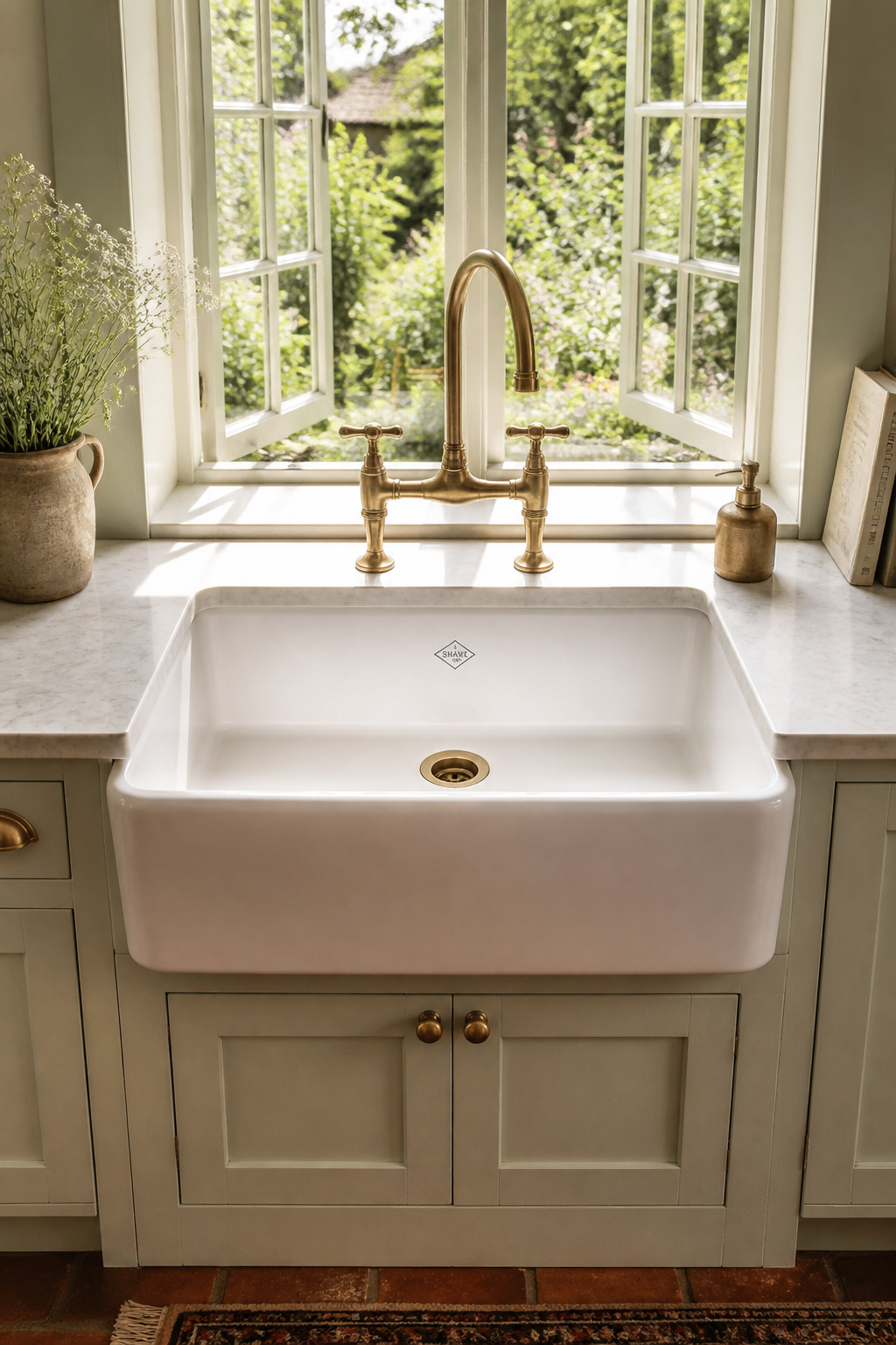 A fireclay apron-front sink with a tall unlacquered brass bridge faucet beneath a casement window, the sink zone becomes a destination rather than a utility when designed with this level of intention.
