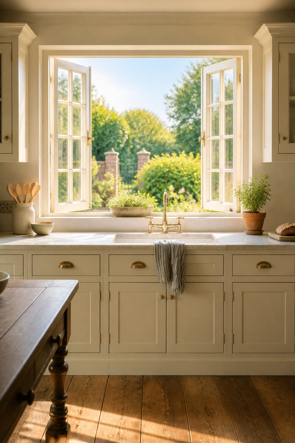 Wide casement windows replace a smaller single unit, the additional glazing area and the ability to direct a breeze into the room changes the kitchen's character from 8am onward.