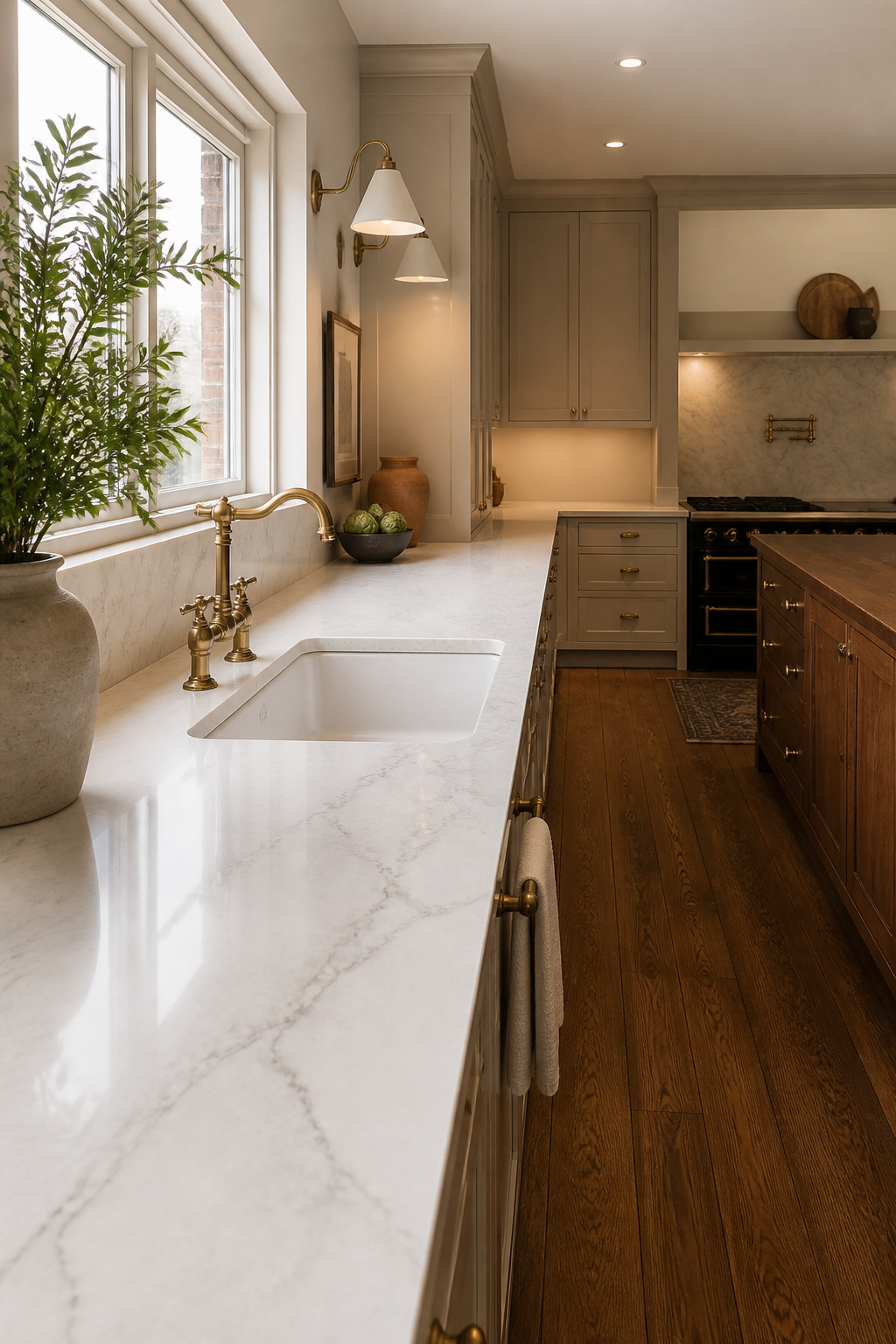 A honed quartz countertop with Calacatta veining serves as the room's primary horizontal plane, non-porous, low-maintenance, and visually resolved against the oak floor below.
