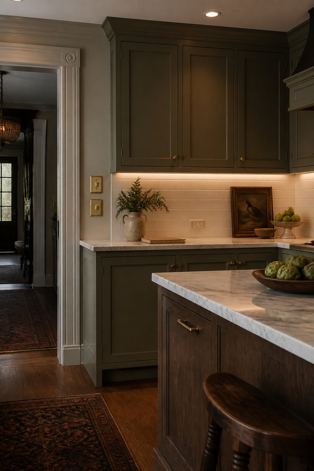 Smart technology integrated at the remodel stage is entirely invisible: the USB outlet in the backsplash tile and the smart switches in aged brass frames serve without announcing themselves.