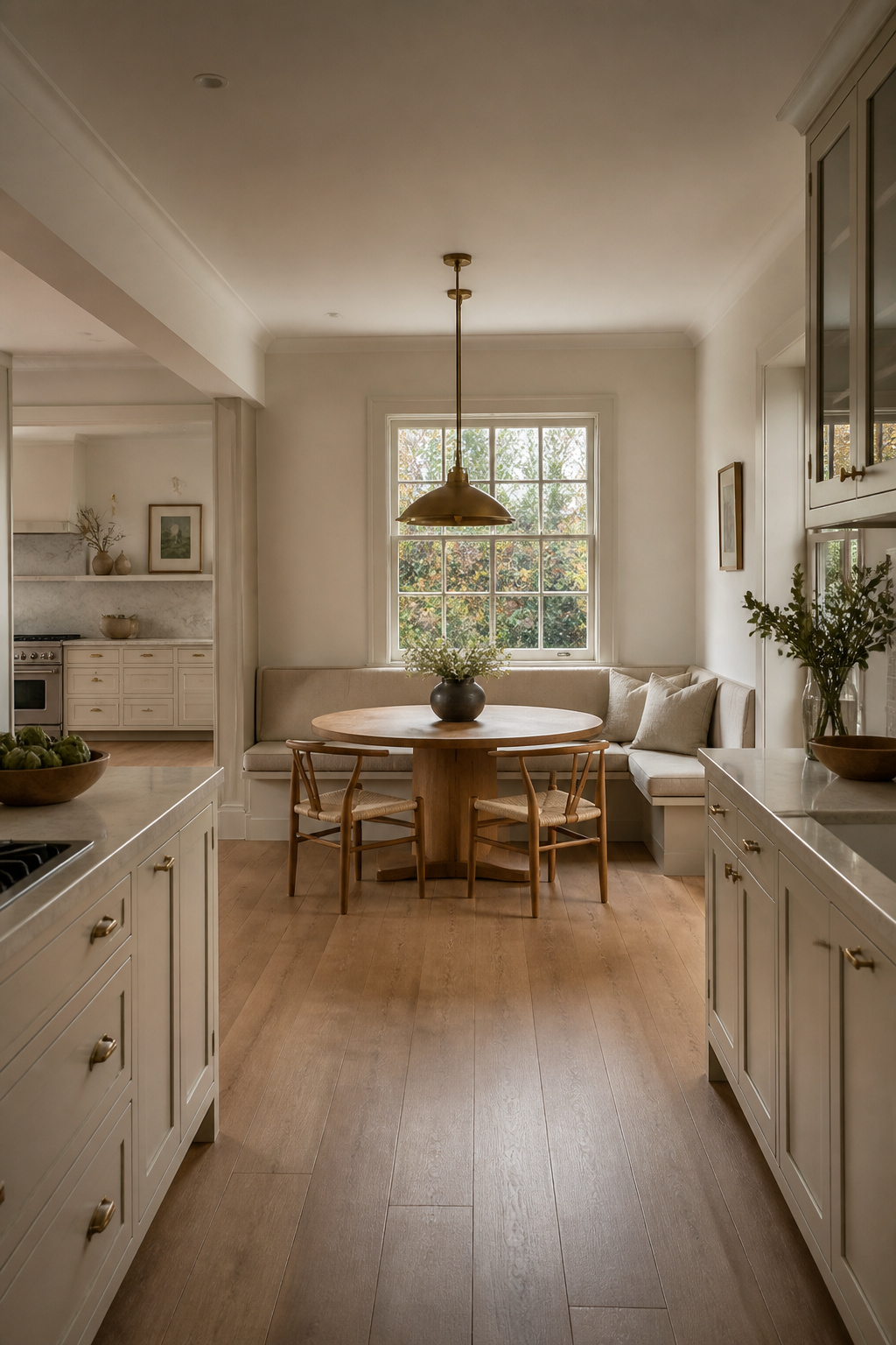 Built-in banquette seating, an oak table, and pendant lights in the same brass finish as the kitchen hardware, the dining area completes the spatial story rather than sitting beside it.