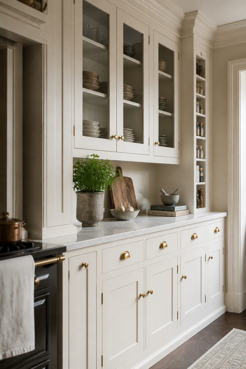 Inframe oak cabinetry in warm off-white with unlacquered brass hardware, built to the room's exact dimensions and finished to a near-factory standard that flat-pack cannot replicate.