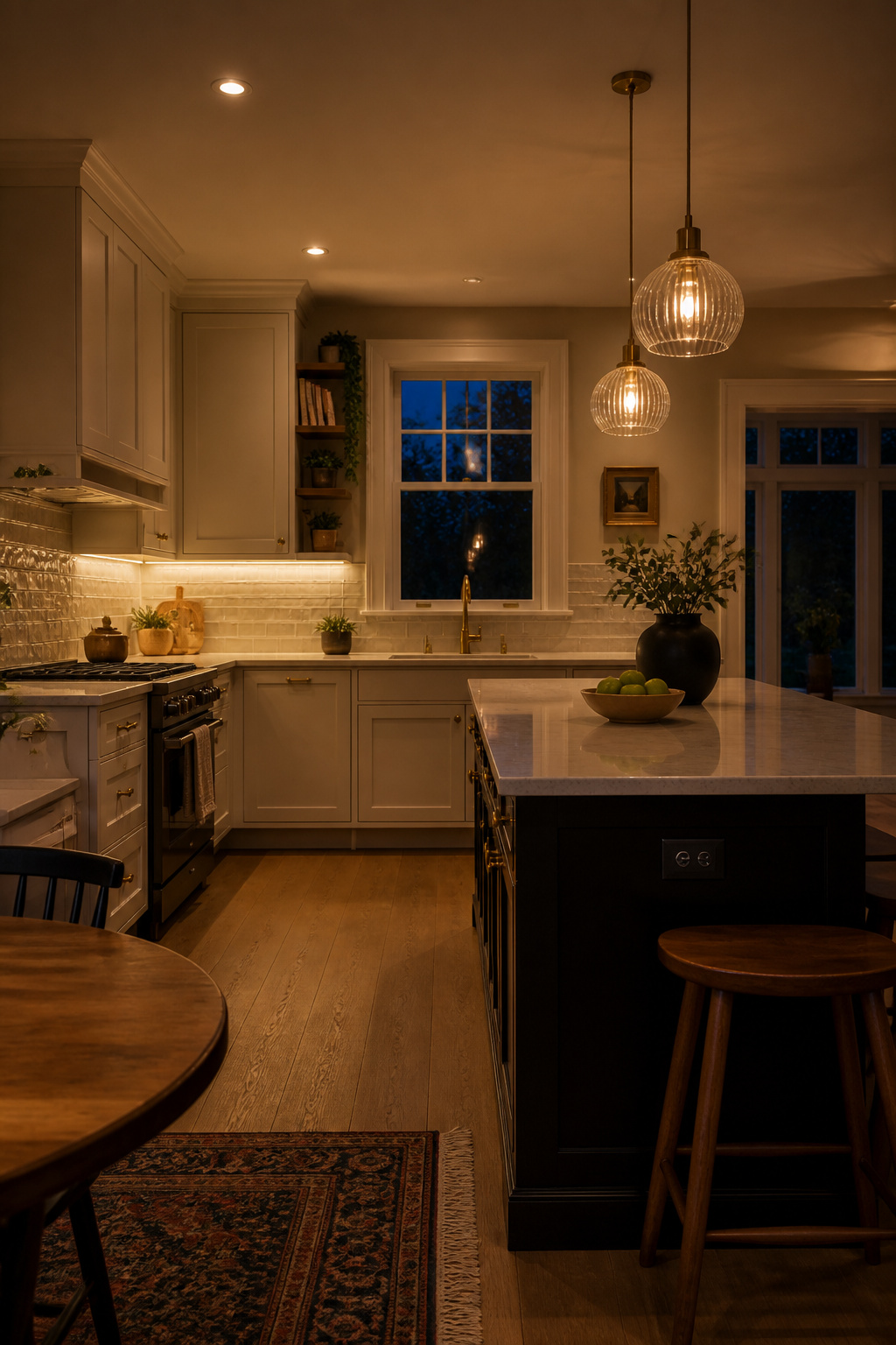 Three lighting layers, ambient downlights, under-cabinet LED strips, and pendant clusters, allow the kitchen to shift from a well-lit work environment to a warm social space as the day ends.