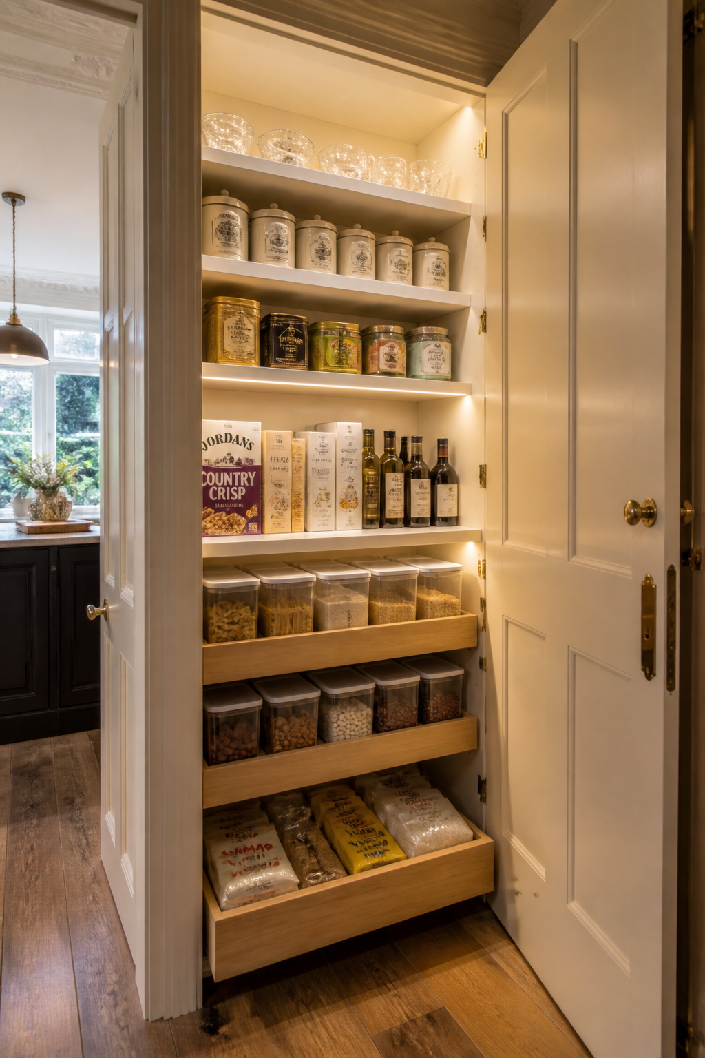 A built-in pantry with three distinct shelf depth zones and pullout drawers below, the single storage upgrade that most changes daily kitchen life in a period home.