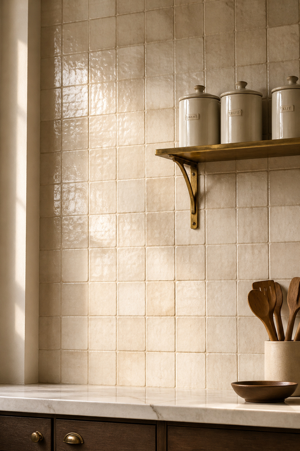 Zellige tiles in warm ivory bring irreplaceable material variation to the backsplash, each tile slightly different in tone and surface, the irregular glaze catching light in a way that machine-made tile cannot.