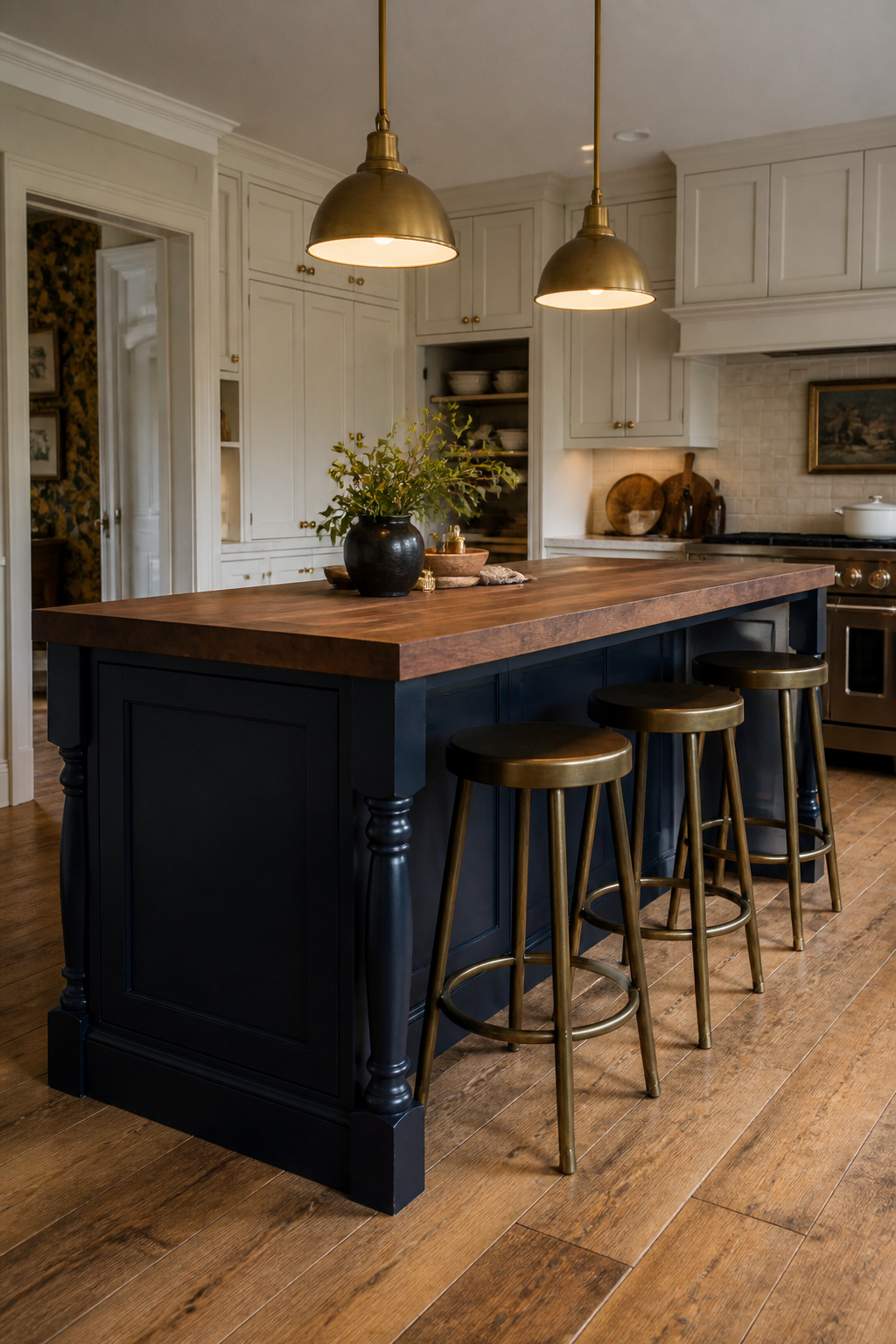 A navy island with turned leg detail and walnut butcher block countertop reads as furniture rather than fitted cabinetry, contrasting with the white perimeter cabinets to create an immediate focal point.