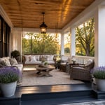 A fully transformed covered porch featuring cedar T&G ceiling, charcoal painted floor, hanging swing, and Scandinavian-influenced furnishings in natural linen and warm wood tones.
