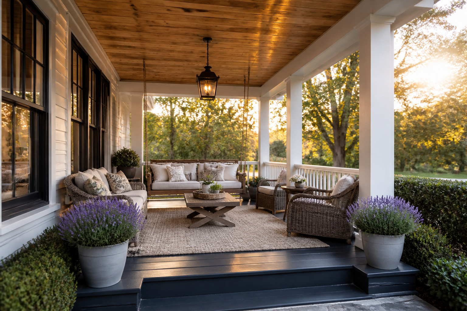 A fully transformed covered porch featuring cedar T&G ceiling, charcoal painted floor, hanging swing, and Scandinavian-influenced furnishings in natural linen and warm wood tones.