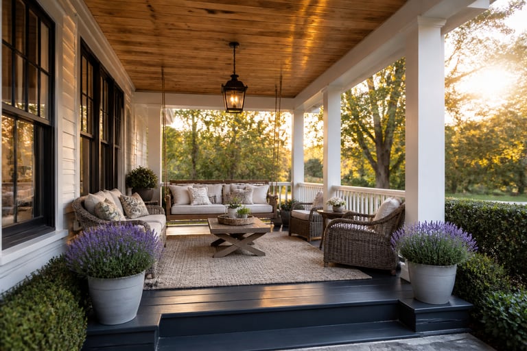 A fully transformed covered porch featuring cedar T&G ceiling, charcoal painted floor, hanging swing, and Scandinavian-influenced furnishings in natural linen and warm wood tones.
