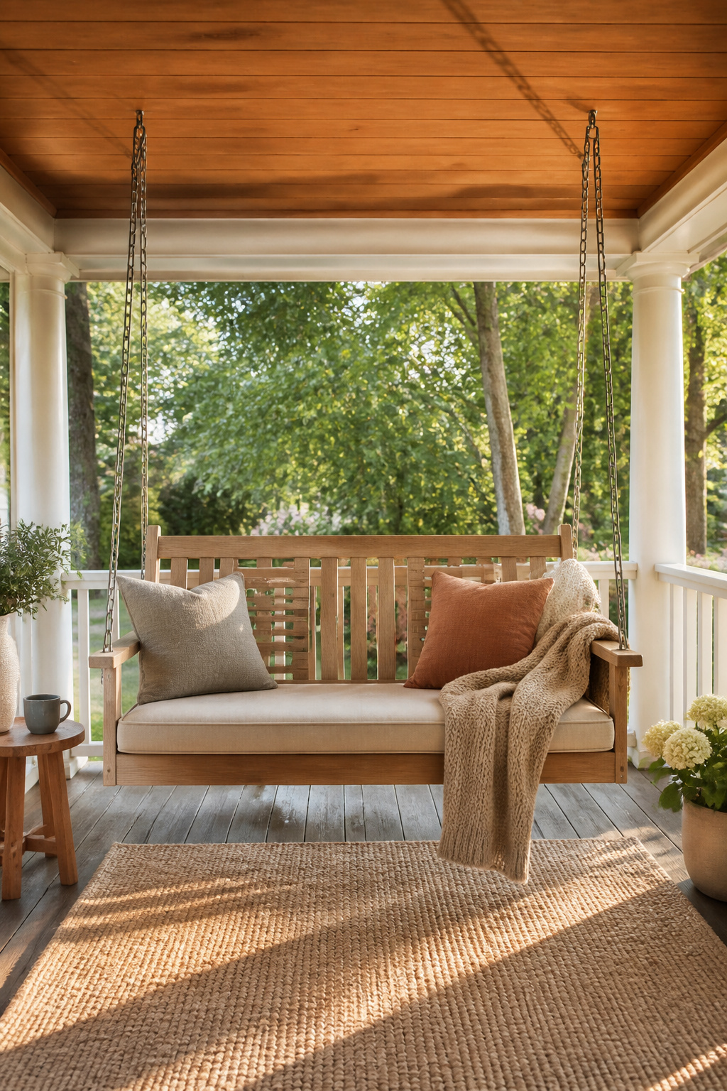 A natural cedar porch swing with oatmeal Sunbrella cushion, linen pillows, and a hemp throw embodies the hygge slow-living ideal on a warm-toned covered porch.