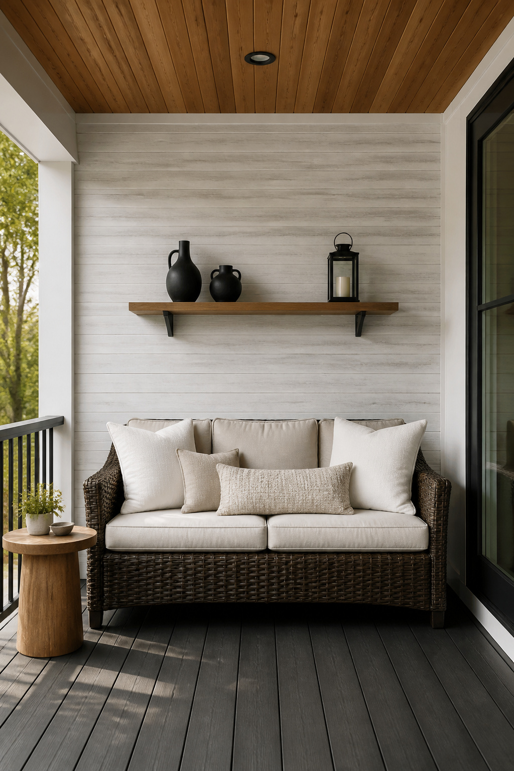 A limewash-finished cellular PVC shiplap accent wall with a cedar floating shelf anchors a porch seating nook furnished with a wicker loveseat and oatmeal Sunbrella cushions.