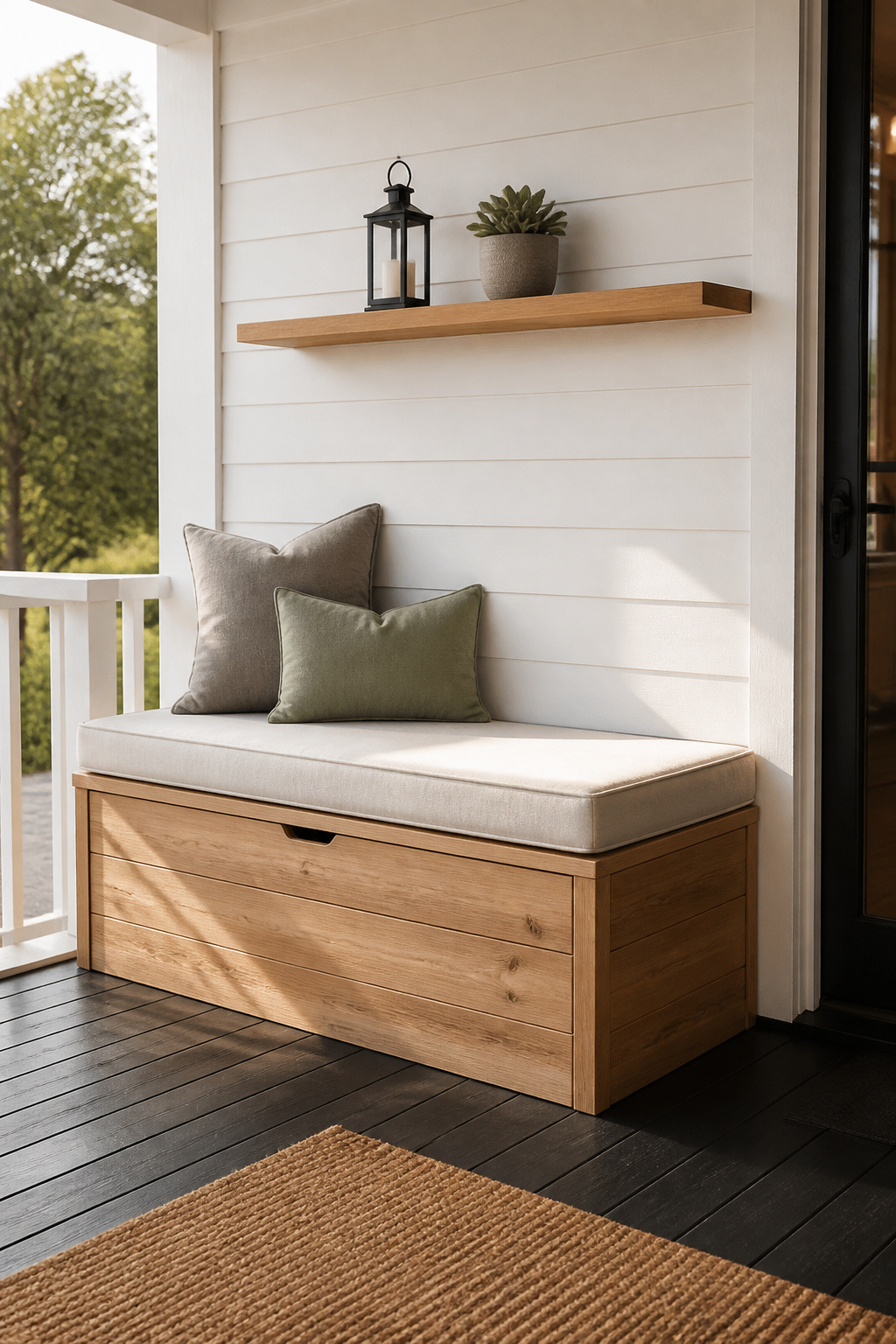 A cedar built-in porch bench with hinged storage lid, topped with an oatmeal Sunbrella cushion and linen pillows, set against a white shiplap wall.