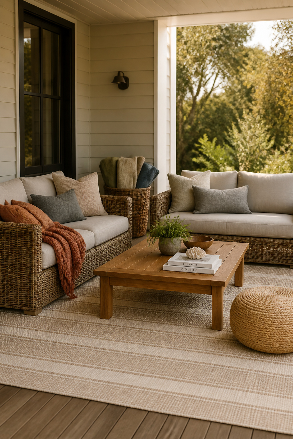 A layered porch seating zone with a polypropylene rug in oatmeal stripe, Sunbrella-cushioned wicker sofas, knit throw, and a wicker basket of folded outdoor blankets.