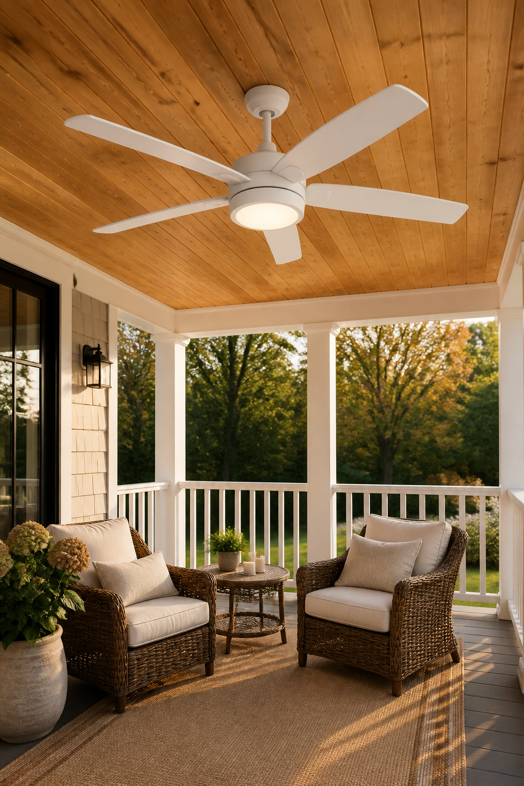 A matte white 52-inch damp-rated ceiling fan with integrated LED light on a cedar T&G porch ceiling provides year-round airflow and warm ambient lighting.