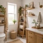 A complete Scandinavian bathroom showing multiple storage solutions working together: over-toilet shelving, floating shelves, a ladder shelf, and a counter tray creating a warm, organised space.