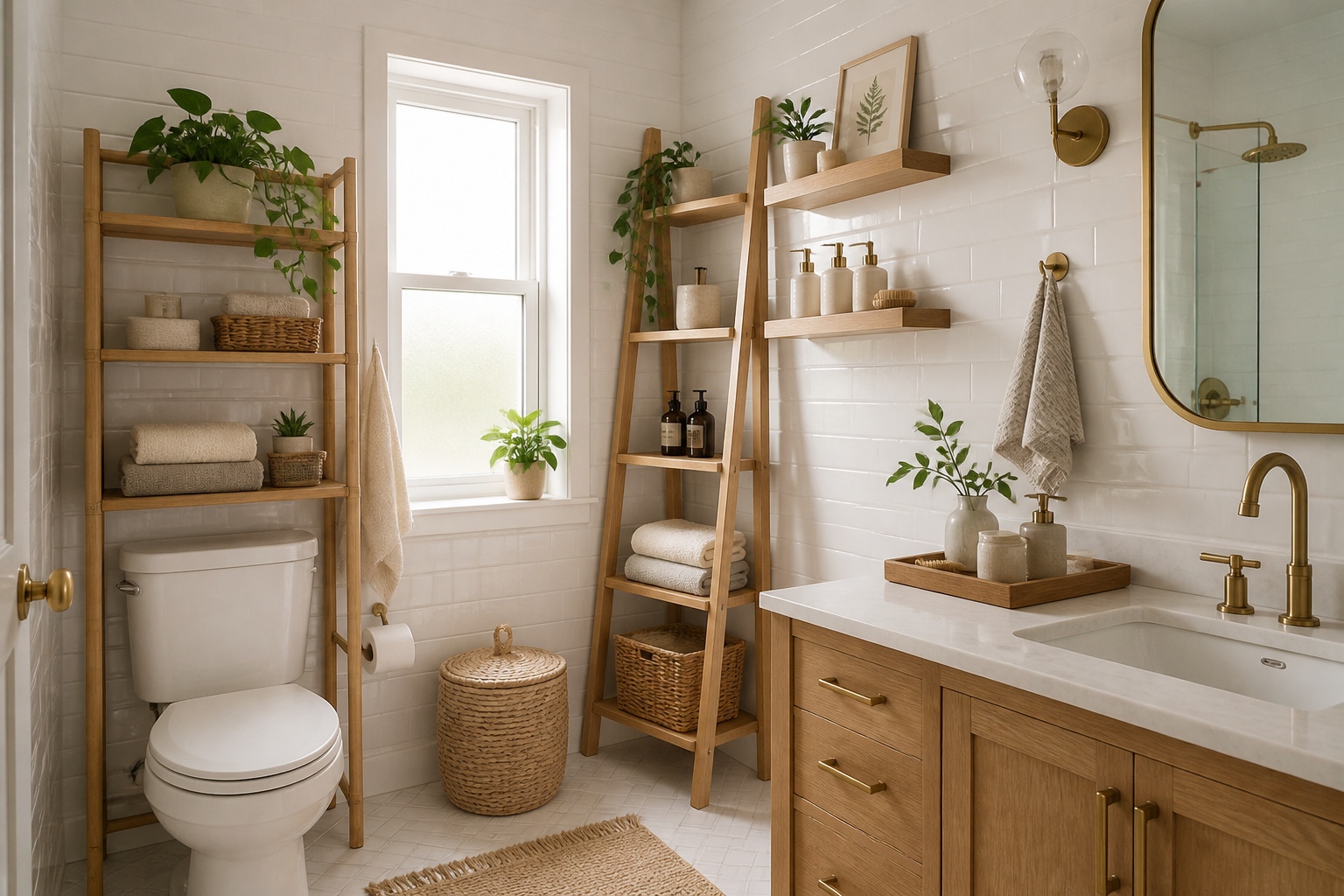 A complete Scandinavian bathroom showing multiple storage solutions working together: over-toilet shelving, floating shelves, a ladder shelf, and a counter tray creating a warm, organised space.