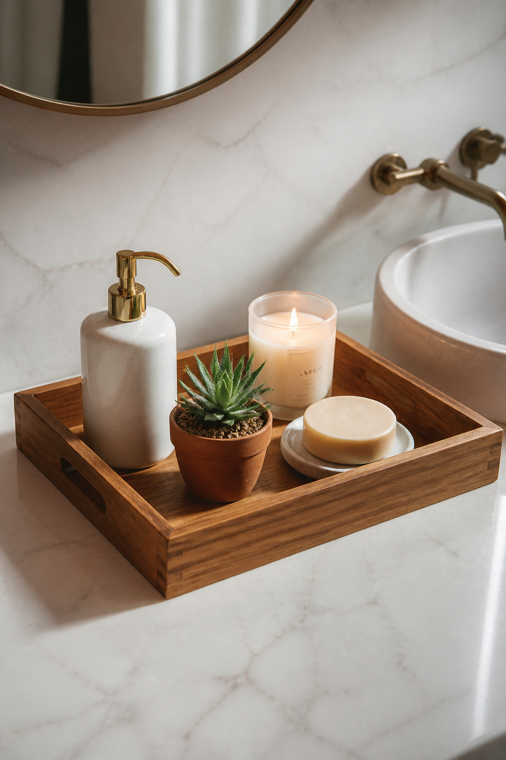 A natural teak countertop tray corrals a soap dispenser, succulent, and candle into an intentional arrangement while keeping the surrounding counter completely clear.