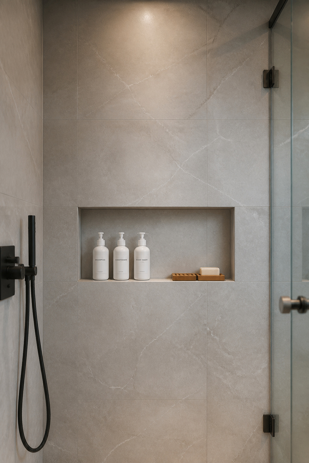 A 12x24 inch tiled shower niche sits flush with the wall, holding matching shampoo dispensers and a wooden soap dish with zero intrusion into the shower space.