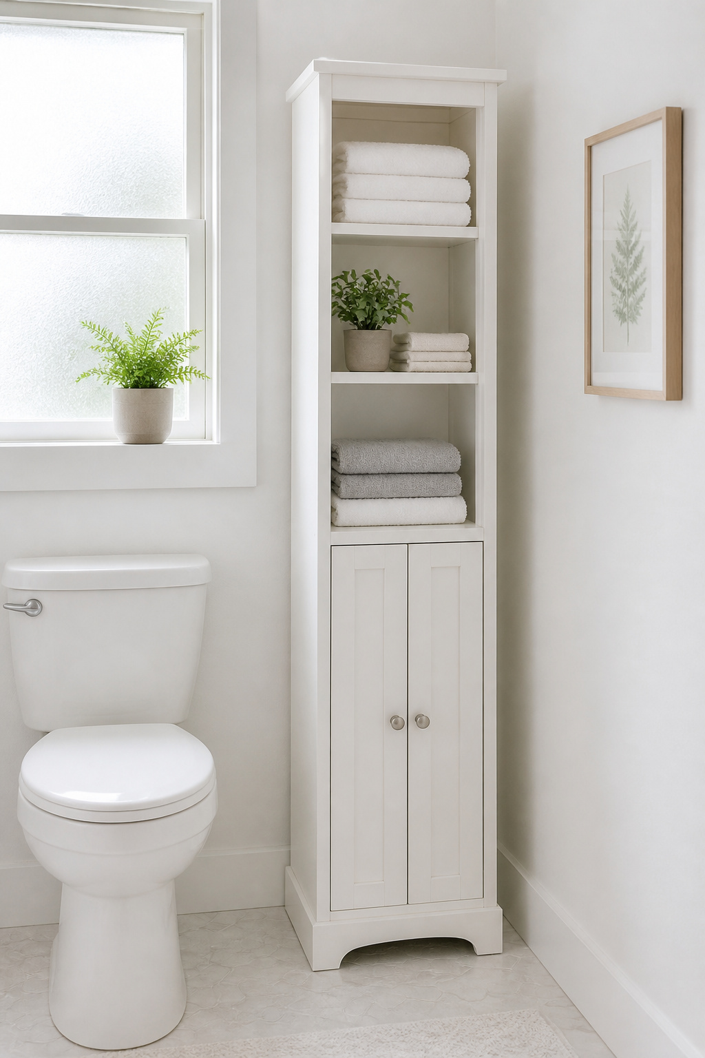 A white freestanding linen tower with a 12-inch footprint delivers full-height storage beside the toilet with enclosed lower storage and open upper display shelves.